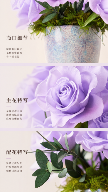 [第5屏] 产品细节展示，分三部分放大呈现：瓶口细节不露花泥、主花特写质感脉络、配花特写优质选材。使用【图6】做瓶口参考，保持产品淡紫色调与【图1】一致。从上到下三格纵向排布，每格一个细节，柔光突出材预览效果