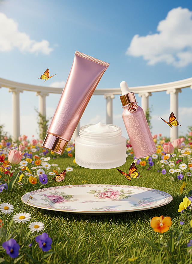 一个巨大的精致陶瓷盘子，盘子绘有粉色花朵与绿叶图案，放在青翠草坪上，盘子上漂浮着图中的主体。背景是阳光明媚的欧式花园，开满五彩缤纷的鲜花，如雏菊、紫罗兰、郁金香等，周围飞舞着彩色蝴蝶。天空湛蓝，白云飘逸，远处有白色石柱拱门，营造出童话般的春日午后氛围，适合高端美妆品牌广告海报。