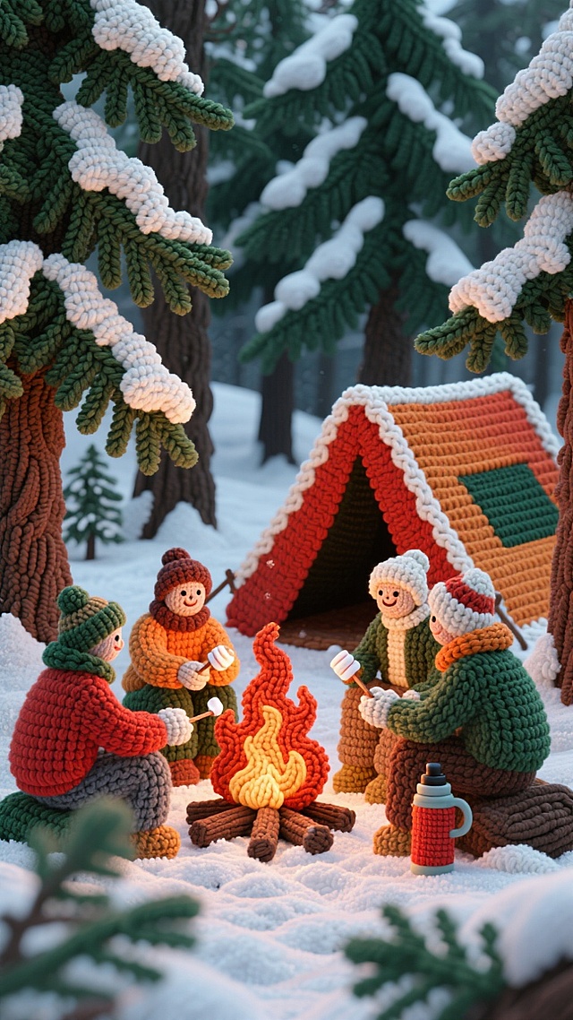 毛线编织的冬日露营场景，拟人化小人围坐篝火烤棉花糖，温暖治愈。微缩艺术风搭配卡通感设计，展现温馨可爱的节日氛围。