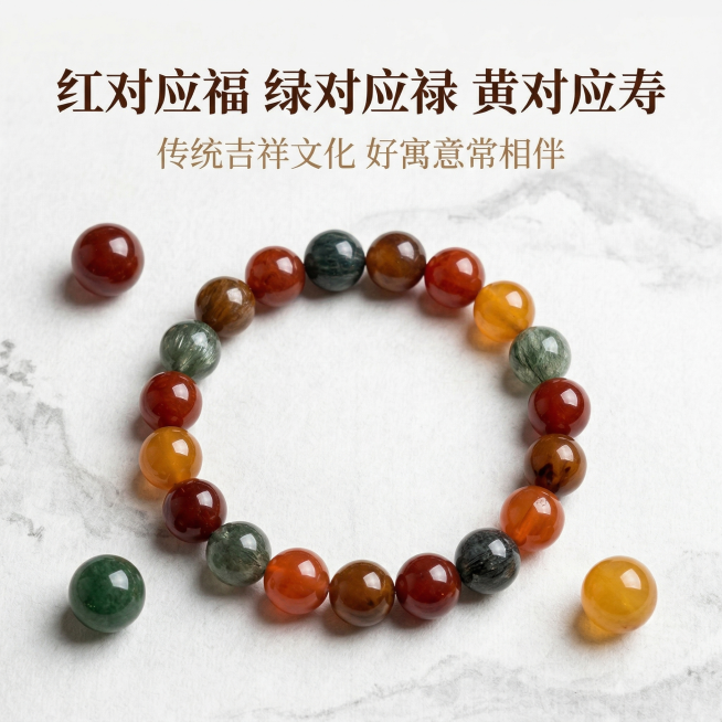 [主图主题] 福禄寿吉祥寓意细节展示
[氛围/风格] 国风简约高级氛围感
[画面元素] 福禄寿兔毛水晶手串放置在米白色宣纸上，单颗圆珠分开展示红、绿、黄（福禄寿）三色，手串主体居中，三色单颗圆珠呈三角预览效果