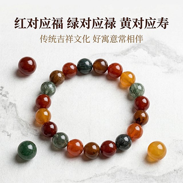 [主图主题] 福禄寿吉祥寓意细节展示
[氛围/风格] 国风简约高级氛围感
[画面元素] 福禄寿兔毛水晶手串放置在米白色宣纸上，单颗圆珠分开展示红、绿、黄（福禄寿）三色，手串主体居中，三色单颗圆珠呈三角形排列在周围，清晰呈现对应色彩，背景浅淡水墨纹暗纹点缀，整体干净高级，铺满全屏无边框
[配色色系] 主色调：红福、绿禄、黄寿天然水晶色；辅助色：米白宣纸底，浅灰水墨色
[视角构图] 居中俯视构图，景深适中
[文字版式] 主标题“红对应福 绿对应禄 黄对应寿”，深棕色宋体居中悬浮于画面顶部，副标题“传统吉祥文化 好寓意常相伴”，浅棕色小字，文字不遮挡产品主体
[比例分辨率] 2k分辨率