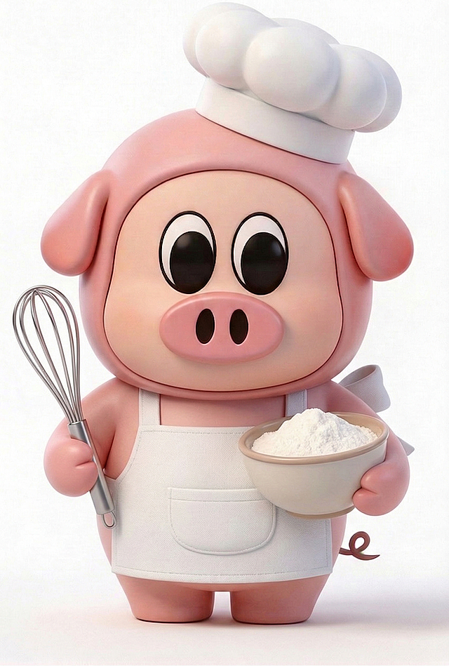 保持小猪的原有形象，给小猪手上添加打蛋器，另一手抱着装有面粉的盆子，将围裙替换为白色
