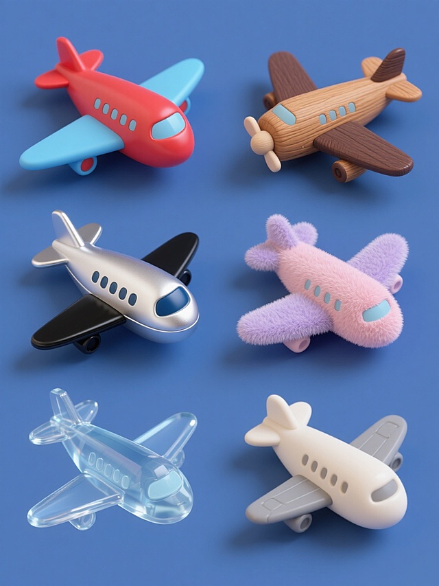 一系列6个相同造型卡通飞机玩具的规整排布集合，每个飞机采用完全不同的材质表现，均为纯色背景，保持原有的机身、机翼、尾翼结构和窗户布局，变换元素造型和整体色彩。第一个飞机为光滑塑料材质，亮红色机身配天蓝色机翼；第二个为木质纹理材质，暖棕色机身配深棕色机翼；第三个为金属质感材质，银白色机身配哑光黑色机翼；第四个为毛绒材质，粉色机身配浅紫色机翼；第五个为透明水晶材质，淡蓝色半透明机身配深蓝色机翼；第六个为磨砂陶瓷材质，米白色机身配灰色机翼，所有飞机以2行3列整齐排列，每个飞机独立置于对应纯色背景中，整体构图平衡对称，色彩鲜明且材质特征突出。