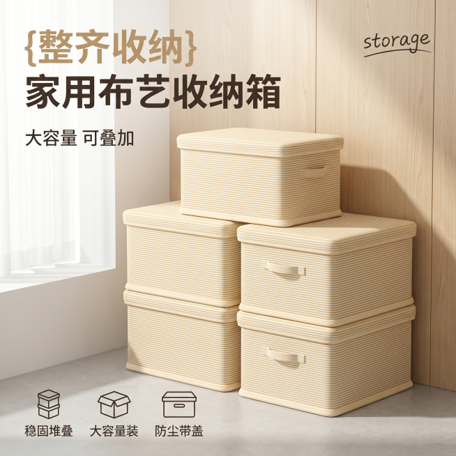 [单张主图] 条纹布艺收纳箱，高级氛围感主图，展示5个收纳箱整齐堆叠场景，适配拼多多平台简约大气居家角落堆叠场景。
[画面主体] 5个相同的米黄色细条纹布艺收纳箱，保持产品外观（物理结构、材质质感、颜预览效果