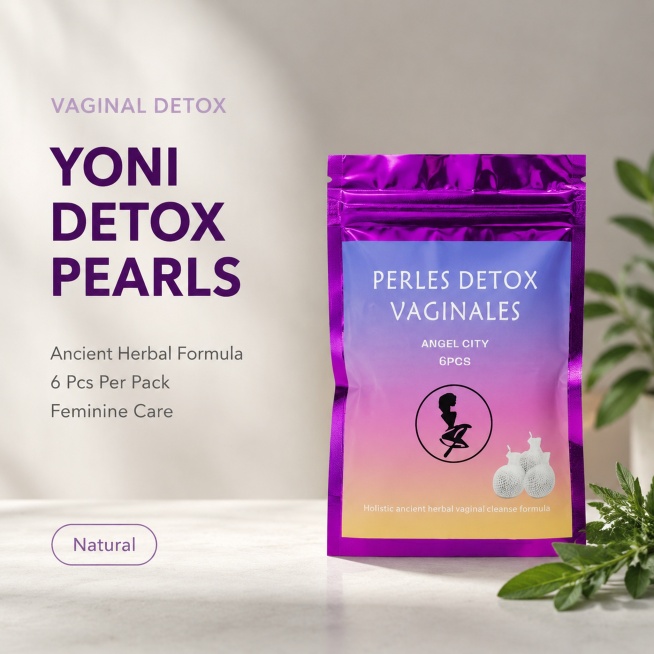 [单张主图]清宫丸 Vaginal Detox Pearls 私密护理商品，高级氛围感主图，目标呈现天然草本私密护理产品的专业纯净质感。
[画面主体] 一张完整展示的清宫丸紫色渐变包装，单袋产品居中放预览效果