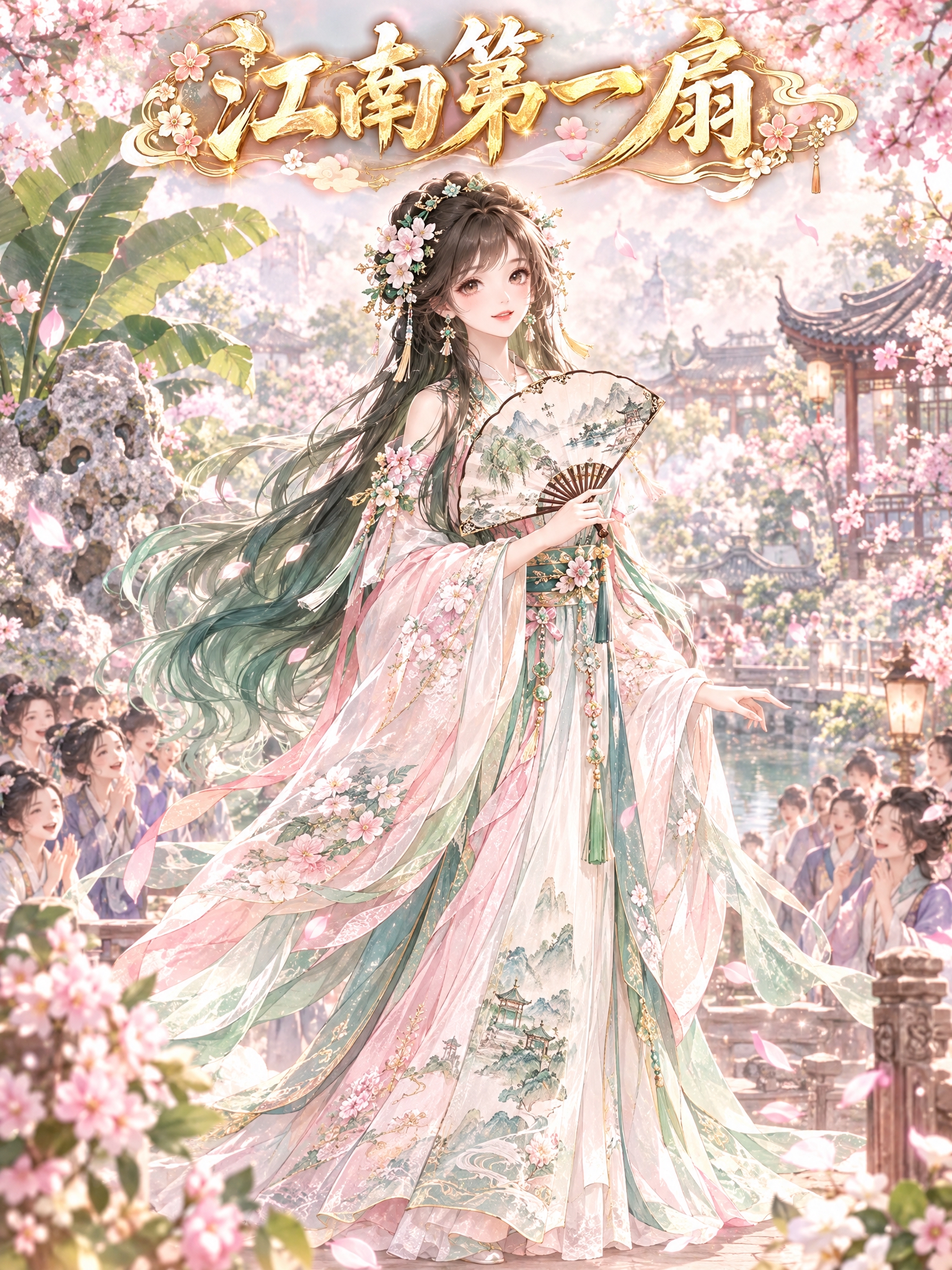 姑苏园林仙子单人全身立绘，剧情结局画面。姑苏：深棕渐变墨绿长发… - 图片创意预览