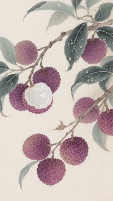 中国工笔画风格，荔枝果实与枝叶的细致描绘，背景为淡雅米色，画面中呈现多个造型圆润饱满、果皮纹理清晰的紫色荔枝，部分荔枝被剥开露出晶莹剔透的白色果肉，枝叶呈现深绿色并带有水珠，整体构图疏密有致，色彩过渡柔和，光影处理细腻，营造出清新雅致、水润饱满的视觉效果，线条勾勒精准流畅，质感表现丰富，具有传统工笔画的细腻笔触和典雅韵味。预览效果