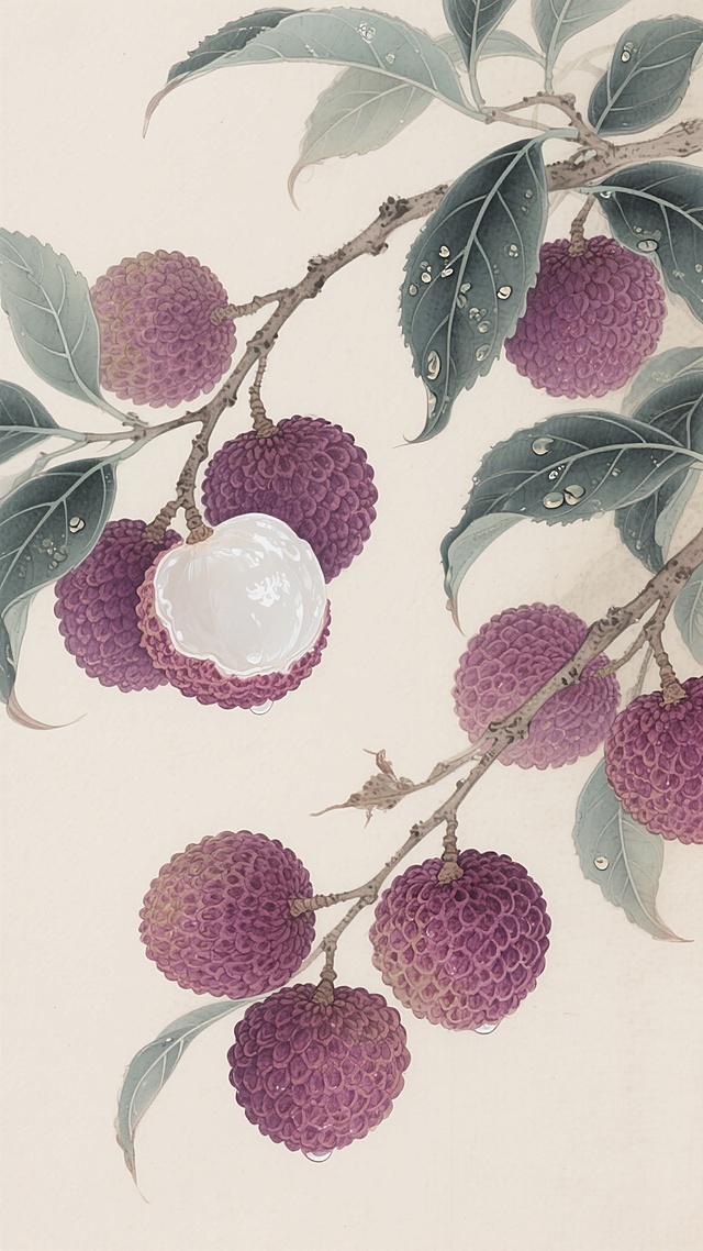 中国工笔画风格，荔枝果实与枝叶的细致描绘，背景为淡雅米色，画面中呈现多个造型圆润饱满、果皮纹理清晰的紫色荔枝，部分荔枝被剥开露出晶莹剔透的白色果肉，枝叶呈现深绿色并带有水珠，整体构图疏密有致，色彩过渡柔和，光影处理细腻，营造出清新雅致、水润饱满的视觉效果，线条勾勒精准流畅，质感表现丰富，具有传统工笔画的细腻笔触和典雅韵味。