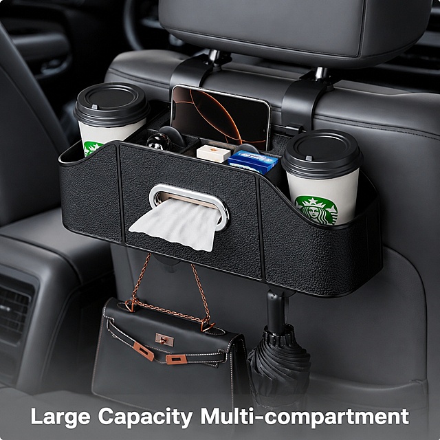 [Main Image 2] Car storage box large capacity and multi-compartment function display.
[Atmosphere & Style]: Real car interior scene, professional commercial photography, natural style, meet Amazon cross-border aesthetic.
[Image Quality]: Commercial photography texture, natural soft light, clear details, realistic texture, high definition.
[Elements]: Keep the product appearance (physical structure, material texture, color) exactly the same as the input product image, eliminate any deformation and color difference, fine processing. Display the full loaded use status in the backseat of car: two cup holders hold drinks, mobile phone placed in the phone holder, tissue pulled out from the tissue box, handbag and umbrella hanging on the lower hook, fully loaded but still tidy. Show the large capacity classification storage effect. The background is the original car gray interior, natural real scene. Product is the main visual, clear level.
[Lighting]: Natural soft car interior light, main light from side, soft diffuse reflection, clear texture, natural transition between light and shadow.
[Color Scheme]: Main color is product black, auxiliary color is car interior gray, overall low saturation, coordinated and comfortable.
[Perspective & Composition]: 45 degree oblique perspective, display the overall use effect, product is in the center of the frame, scene atmosphere set off the product.
[Text Layout]: At the bottom of the picture, low saturation gray gradient background, the title "Large Capacity Multi-compartment" in white bold, clean typesetting, do not block the product.
[Proportion & Resolution]: 1:1 ratio, 2048px * 2048px resolution, 2K, ultra high definition.
[Negative Prompt]: Deformed, text garbled, blurred product picture, cluttered background, watermark, e-commerce platform Logo, Chinese characters, exaggerated distortion.
