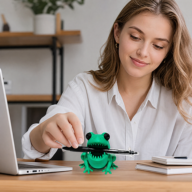 [Main Image 4] Female model using frog pen holder scene. A young European and American female office worker in casual white shirt sits at desk, her hand takes the pen from the green frog pen holder, natural daily action, relaxed expression. [Atmosphere Style] Real UGC style office scene, show product real usage experience. [Quality] Natural candid photography, soft light, real and natural, no over-processing. [Elements] Model action is natural, product placed on the desk in front of her, keep green frog product 100% consistent with input image, no deformation. Product and model form a harmonious picture, product is clearly visible. [Light and Shadow] Indoor soft ambient light, uniform light, no harsh shadow. [Color Matching] Main color white shirt, light wood desk, product green prominent. [Perspective Composition] Eye-level perspective, medium shot, focus on product and model action. [Text Layout] No extra marketing text, comply with cross-border platform rules. [Proportion Resolution] 1:1 ratio, 2K resolution. [Negative prompt] Deformation, watermark, messy text, blurred product, messy background, Chinese characters, distorted human face