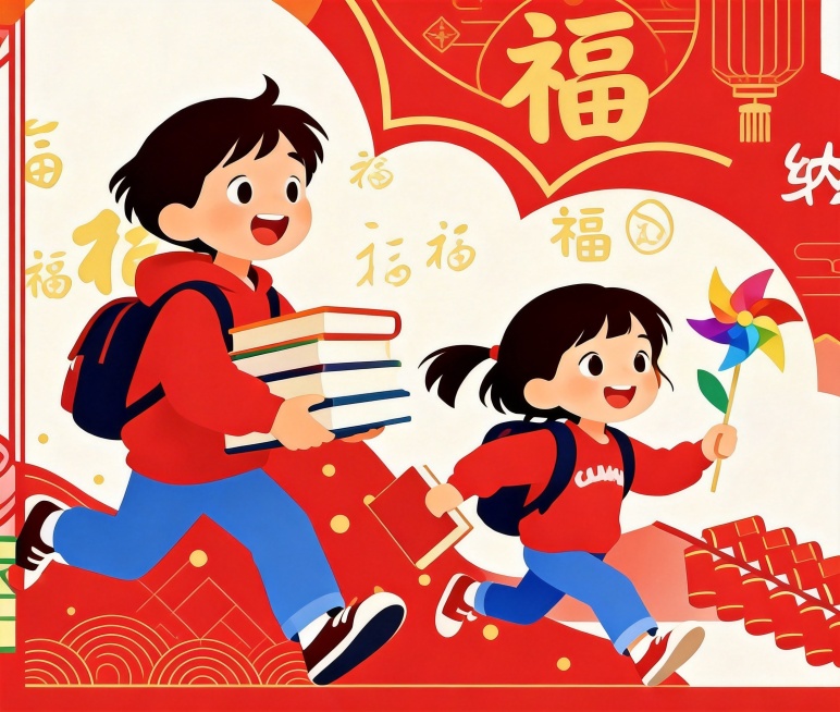 生成与原图风格一致的矢量图，保留原图中两个背着书包的孩子、书本、风车、红色背景及装饰元素，线条简洁流畅，色彩鲜明预览效果
