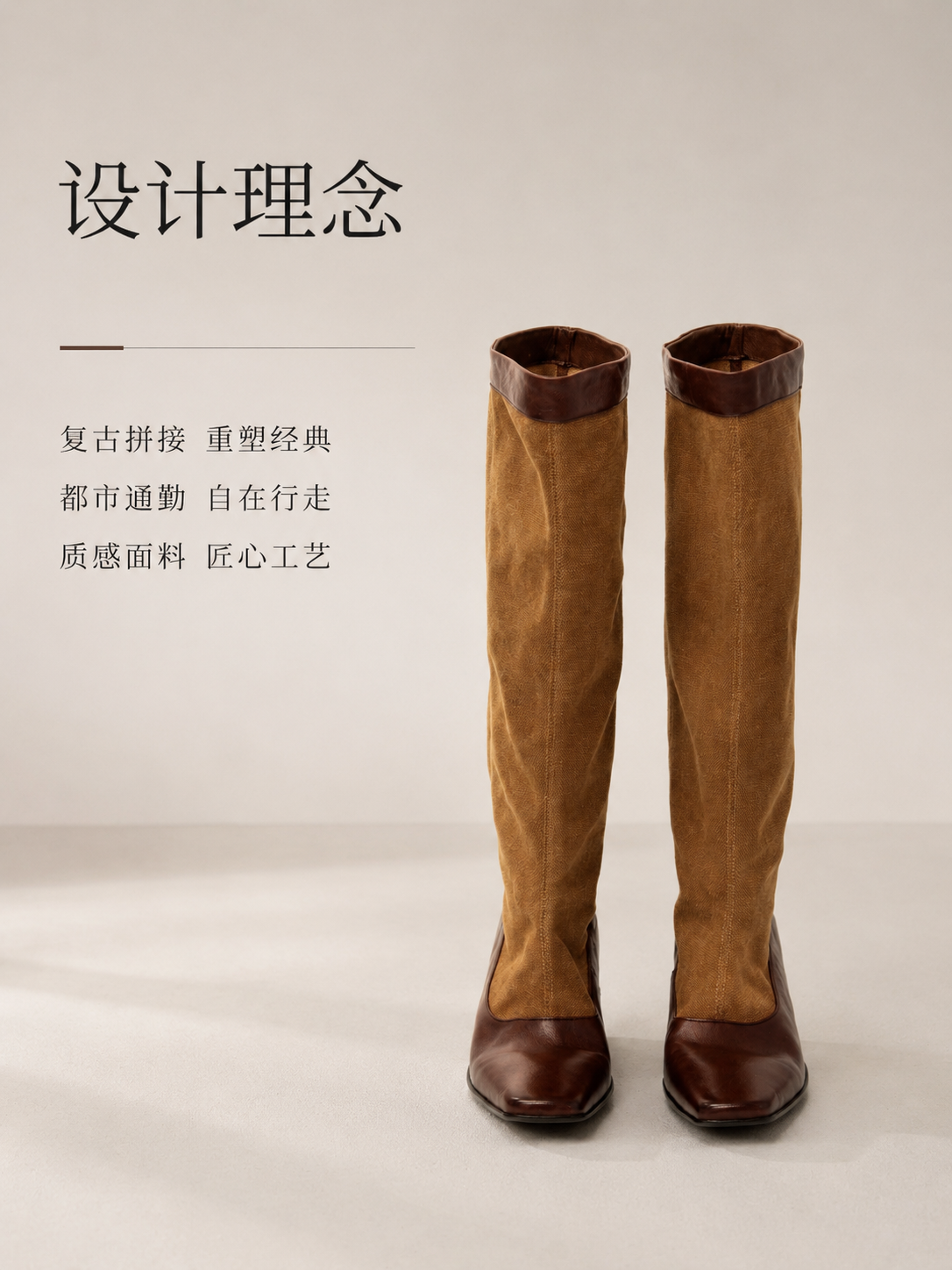 [商品] 使用【图9】棕色款长靴正面图；保留方头、牛皮+帆布拼… - 图片创意预览