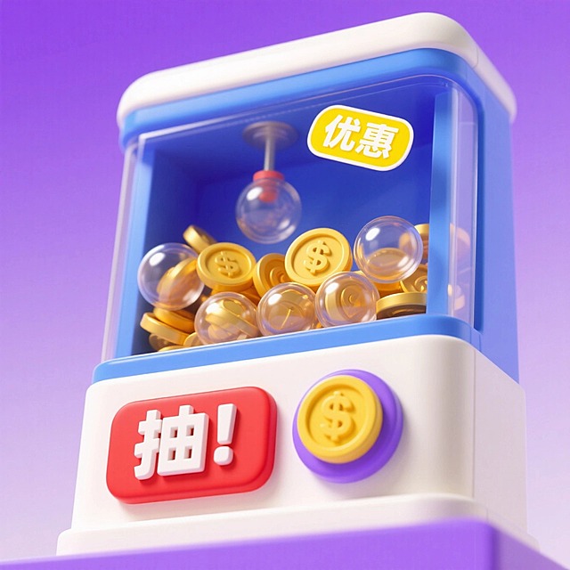 主体是一个正面的蓝白配色扭蛋机，机器内部装满了有金币的透明小球，机身有“优惠”贴纸，机器前方有个醒目的按钮，上面写着 “抽！”，旁边还有黄色的金币按钮，紫色背景。