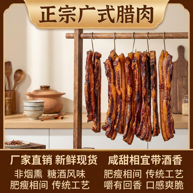 这张图片是产品主体这款产品是广式腊肉 我需要设计20张主图在拼多多上面售卖    主图场景布局可以用厨房 炒腊肉 腊肉细节等设计一个高级有食欲一些主图文案内容 正宗广式腊肉 厂家直销 新鲜现货 咸甜相预览效果