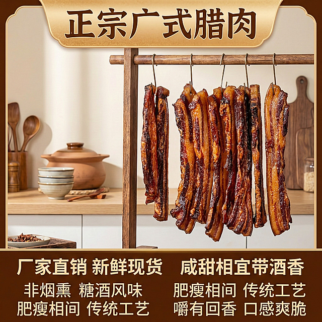 这张图片是产品主体这款产品是广式腊肉 我需要设计20张主图在拼多多上面售卖    主图场景布局可以用厨房 炒腊肉 腊肉细节等设计一个高级有食欲一些主图文案内容 正宗广式腊肉 厂家直销 新鲜现货 咸甜相宜带酒香  腊味煲仔饭 小炒 蒸饭 外卖 非烟熏 广式去皮腊肉 糖酒风味 食堂餐厅批发  肥瘦相间 传统工艺 正规新鲜  嚼有回香 口感爽脆         甄选合格猪肉，严格选材 无尘风干 黄金肥瘦比例  肉香浓郁