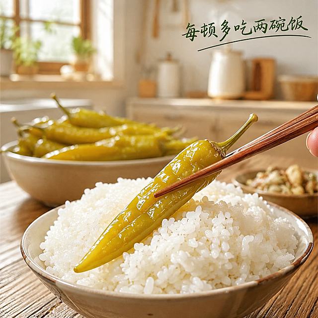 「图片1」，生成一套主图（5张），商品名称是腌制泡辣椒，卖点是超下饭，手工腌制。辣度杠杠好.风格是家居治愈风，适配拼多多平台，主图比例为1:1