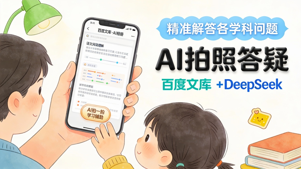 聚焦教育场景的 AI 功能宣传图，左图右文构图。左侧是温馨手绘风画面：一只家长的手和孩子的手共同握着一部智能手机，屏幕显示 “百度文库・AI 相册” 界面，内容是语文阅读理解习题，底部 “AI 拍一拍预览效果