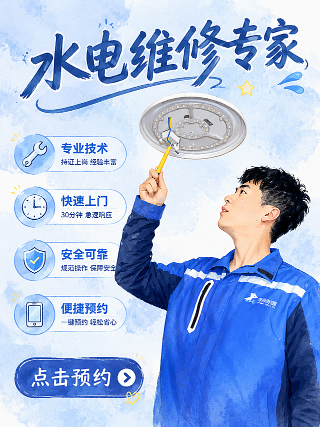 基于参考图制作小红书知识课程类图文封面，比例3:4，手绘插画风，清新蓝调。将参考图中的水电维修师傅转化为半写实手绘插画风格，背景为淡蓝色水彩纹理。主标题“水电维修专家”手写风格艺术字，深蓝色，活泼亲切。四个卖点用圆润字体排列，配手绘小图标（扳手、时钟、盾牌、手机），底部手绘风格按钮“点击预约”。温馨亲切有温度，高清2K。
