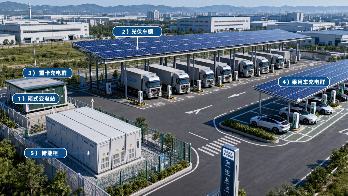 生成重卡充电站一站式解决方案效果图，包含箱式变电站、光伏车棚、重卡充电群、乘用车充电群、储能柜，用文字标注标识出每种设备，整体是现代化工商业充电站场景，开阔大气，细节清晰，专业工业效果图风格预览效果