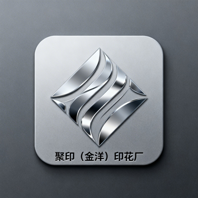 “聚印（金洋）印花厂”品牌logo，科技感，极简高端，银灰色调几何印花元素，金属光泽，线条流畅，1:1正方形企业头像，大气高级预览效果