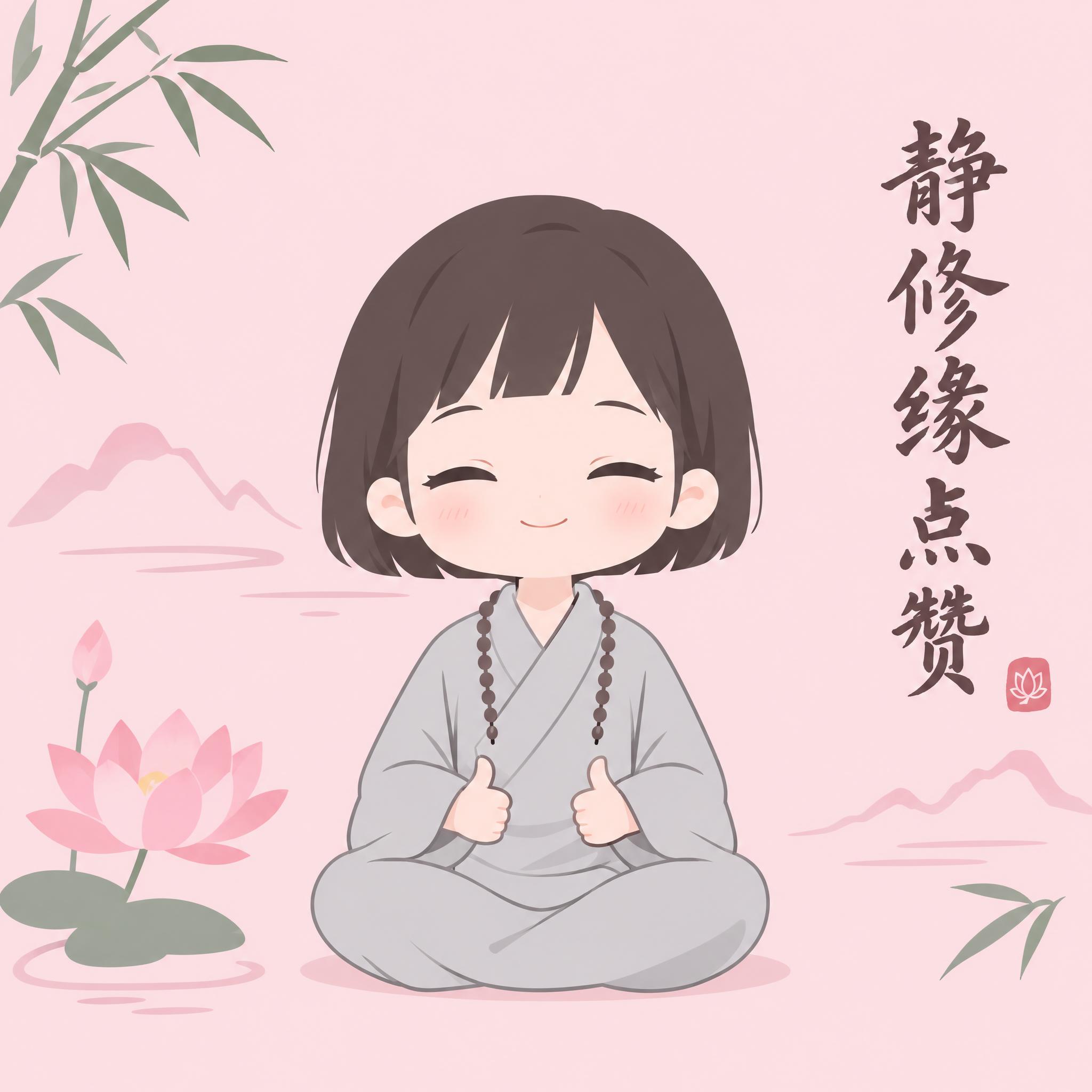 禅意风格Q版表情包第4帧，女版小尼姑，齐耳短发，穿浅灰色僧袍，… - 图片创意预览