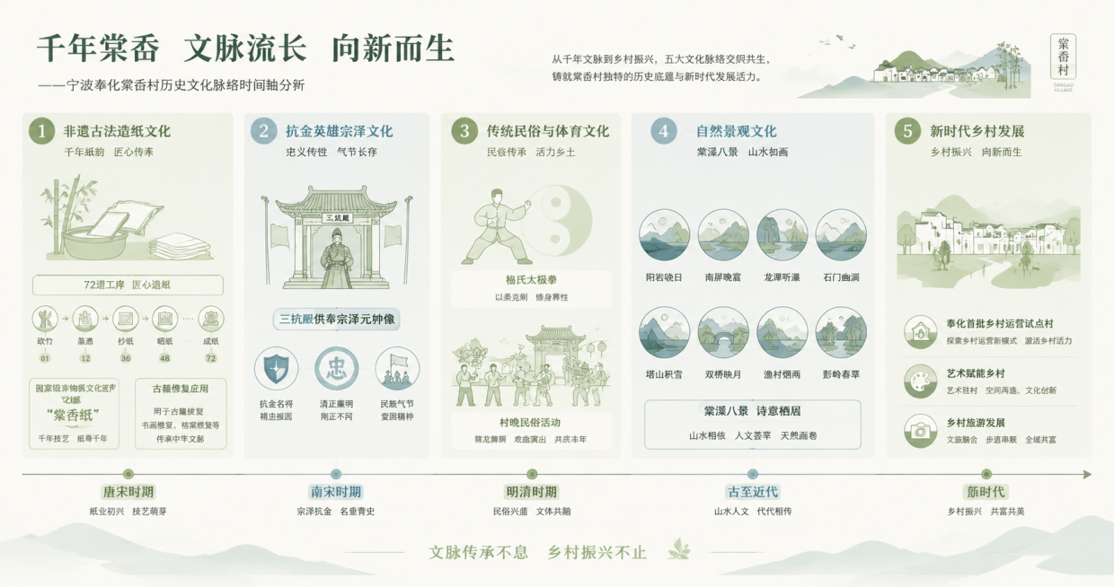园林竞赛分析图，扁平化简约矢量风，浅绿浅蓝米色配色，干净高级，展板高清，线条简洁，内容为宁波奉化棠岙村乡村景观，无写实照片，信息可视化历史文化脉络时间轴分析图。以棠岙村千年发展为核心线索，串联五大关键预览效果