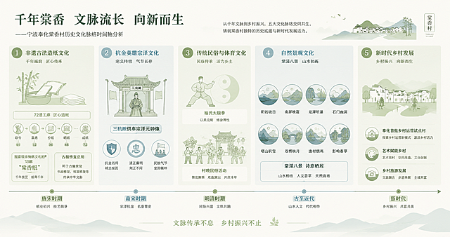园林竞赛分析图，扁平化简约矢量风，浅绿浅蓝米色配色，干净高级，展板高清，线条简洁，内容为宁波奉化棠岙村乡村景观，无写实照片，信息可视化历史文化脉络时间轴分析图。以棠岙村千年发展为核心线索，串联五大关键文化脉络：1.非遗古法造纸文化：标注72道工序的关键节点、“棠岙纸”的非遗地位与古籍修复应用场景；2.抗金英雄宗泽文化：体现三坑殿供奉宗泽元帅像、传承民族气节的爱国主义精神内核；3.传统民俗与体育文化：呈现杨氏太极拳、村晚民俗活动的村民生活场景；4.自然景观文化：提炼“棠溪八景”（阳岩晓日、南屏晚霞等）的山水节点意象；5.新时代乡村发展：突出奉化首批乡村运营试点村、艺术赋能乡村旅游的发展定位。整体采用横向时间轴+扁平化图标+极简文字标注的形式，每个文化节点搭配专属简约符号：造纸用竹浆纸张图标、宗泽用古建旗帜图标、太极用阴阳动作图标、八景用山水剪影图标、旅游用村落步道图标，用不同明度的浅绿浅蓝区分不同文化模块，信息层级分明，排版舒展不拥挤，整体风格统一，突出文化传承与乡村振兴的脉络延续性，适配园林竞赛展板的高清输出标准。