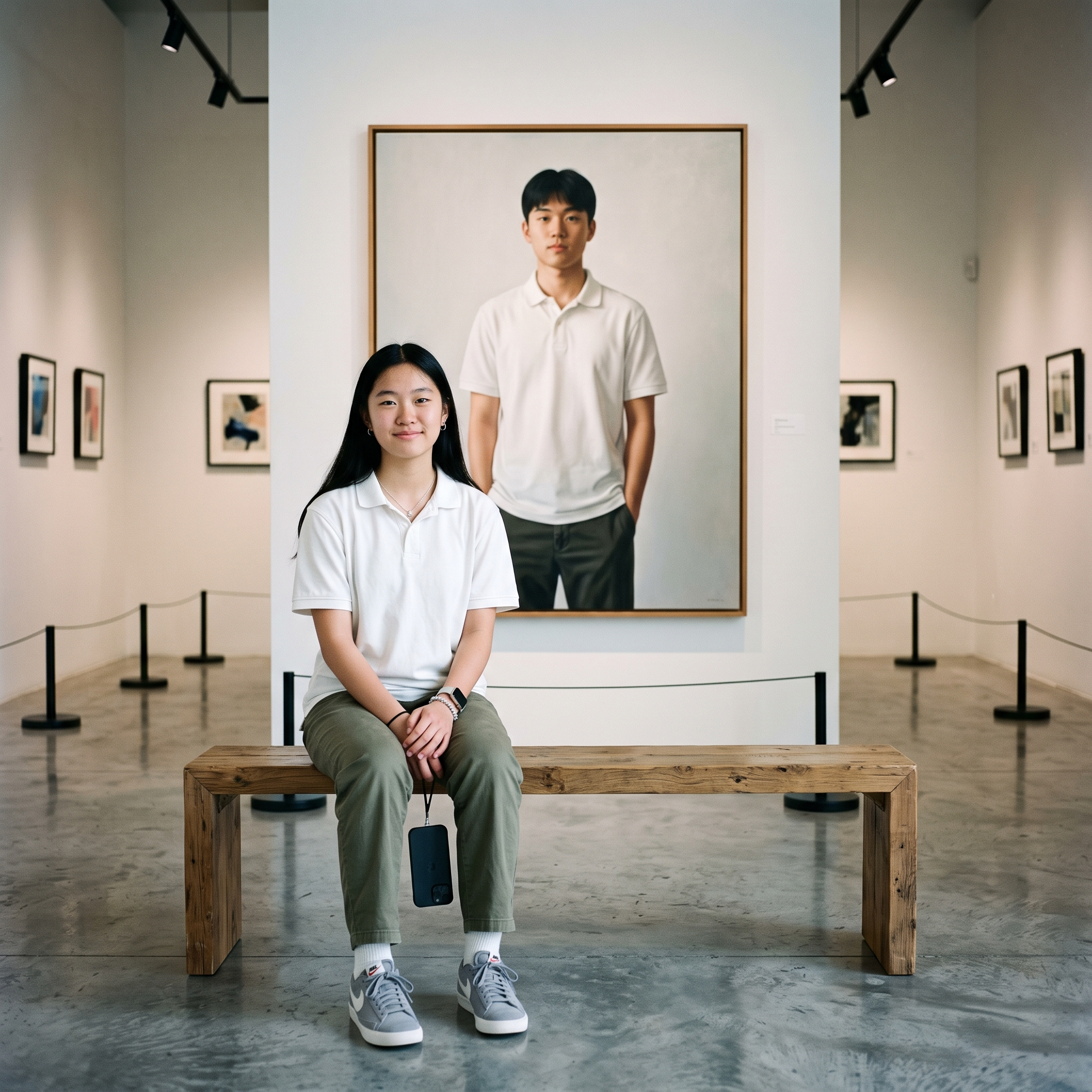 现代极简艺术展厅场景。浅白墙面搭配冷灰色水泥地面，轨道射灯营造… - 图片创意预览