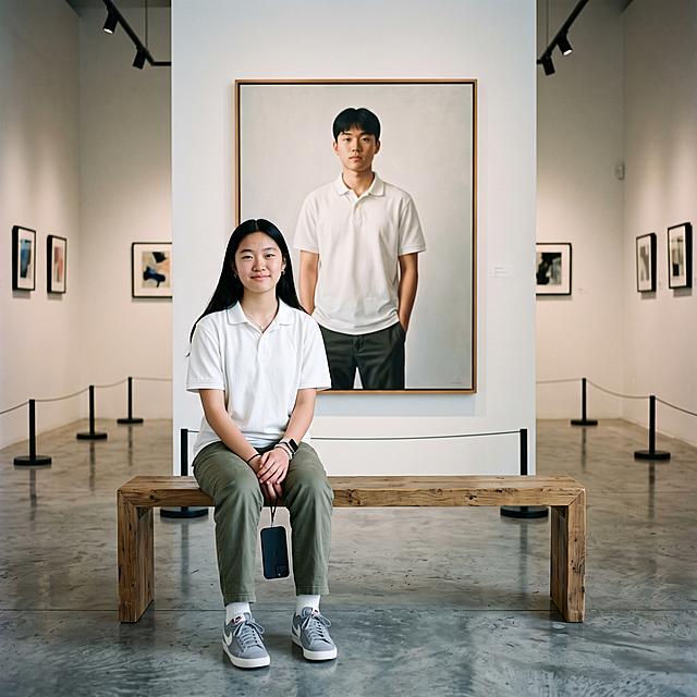 现代极简艺术展厅场景。浅白墙面搭配冷灰色水泥地面，轨道射灯营造柔和均匀的布光。展厅中央，一位清冷气质的18岁东亚年轻女生端坐于横向长木凳上，她留着黑长直发型，身穿休闲裤，上身搭配白色polo衫，脚踩浅灰色耐克板鞋，双手自然搭在腿上，手中垂着一副新款苹果手机，面带浅笑，直视镜头，神态平静松弛。她身后是一幅等身大的男性写实油画，画中人物穿着同款polo衫，双手插兜，与女生形成呼应式穿搭。展厅两侧墙面挂有小幅艺术画作，地面设有黑色隔离立柱，整体氛围清冷高级，兼具艺术感与穿搭展示性，光线柔和且层次分明，突出人物与画作的互动感