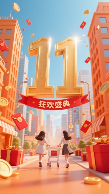 以暖橙色为主色调，一点透视空间，中间是 “11” 立体大字（金色发光）及下方 “狂欢盛典” 红色横幅；两侧是高楼，大透视效果明显，前景是两个女生拉着购物车往画面里走，四周飘散着红色礼物盒和金币红包，背预览效果