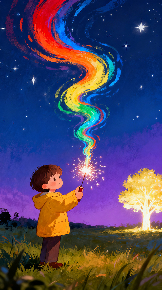 一个小孩在夜空下，手举着烟花棒，烟花棒中流出多彩的光芒往上飘动，手绘插画风格，浪漫治愈的氛围