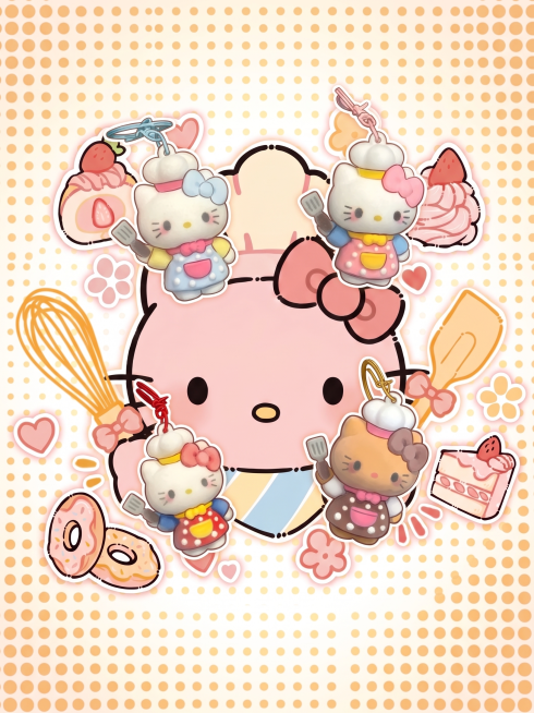 将四张抠好的四个Hello Kitty厨师挂件自然美观地添加到这张背景图中，不破坏原有的甜点和背景风格，让挂件融入画面，整体协调美观预览效果