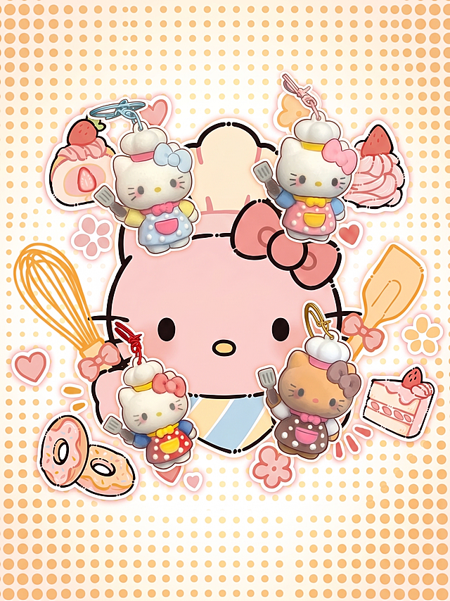 将四张抠好的四个Hello Kitty厨师挂件自然美观地添加到这张背景图中，不破坏原有的甜点和背景风格，让挂件融入画面，整体协调美观
