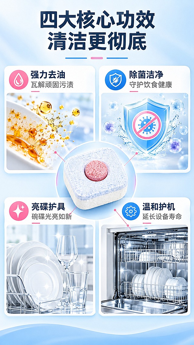 [商品] 使用【图1】中的方形双色洗碗块（白色主体+粉色圆形清洁核心）；保留产品形状、颜色、材质质感和双色结构。
[画面] 页面目标：四宫格展示四大核心功效。构图：2×2四宫格拼图，中心放大洗碗块产品，四周四个功能区块分别展示不同功效的视觉化表达。景别：产品特写+功能示意结合。左上：油滴溶解示意（去油）；右上：盾牌+除菌标识（除菌）；左下：光亮碗碟反光（亮碟）；右下：洗碗机内部洁净（护机）。阅读动线：从中心产品向四周扩散阅读。
[视觉] 套系策略：风格=现代简约家电清洁商业摄影风；标题字=粗黑体无衬线；正文字=常规黑体无衬线；主色=科技蓝（#2B7FFF）；背景延展=浅蓝渐变底色，四宫格用白色圆角卡片区分；强调色=清新粉；标题色=深蓝灰；正文色=中灰；组件=四宫格卡片、功能图标、引线标注；光影=中心产品柔光突出，四格均匀布光。
[文字] 顶部主标题"四大核心功效 清洁更彻底"；四格分别配文："强力去油 瓦解顽固污渍""除菌洁净 守护饮食健康""亮碟护具 碗碟光亮如新""温和护机 延长设备寿命"；文字全部横向排版。
[规格] 图片比例9:16竖版，2K分辨率，避免变形、错字、文字过小、医疗化表述、产品颜色改变、极限词。