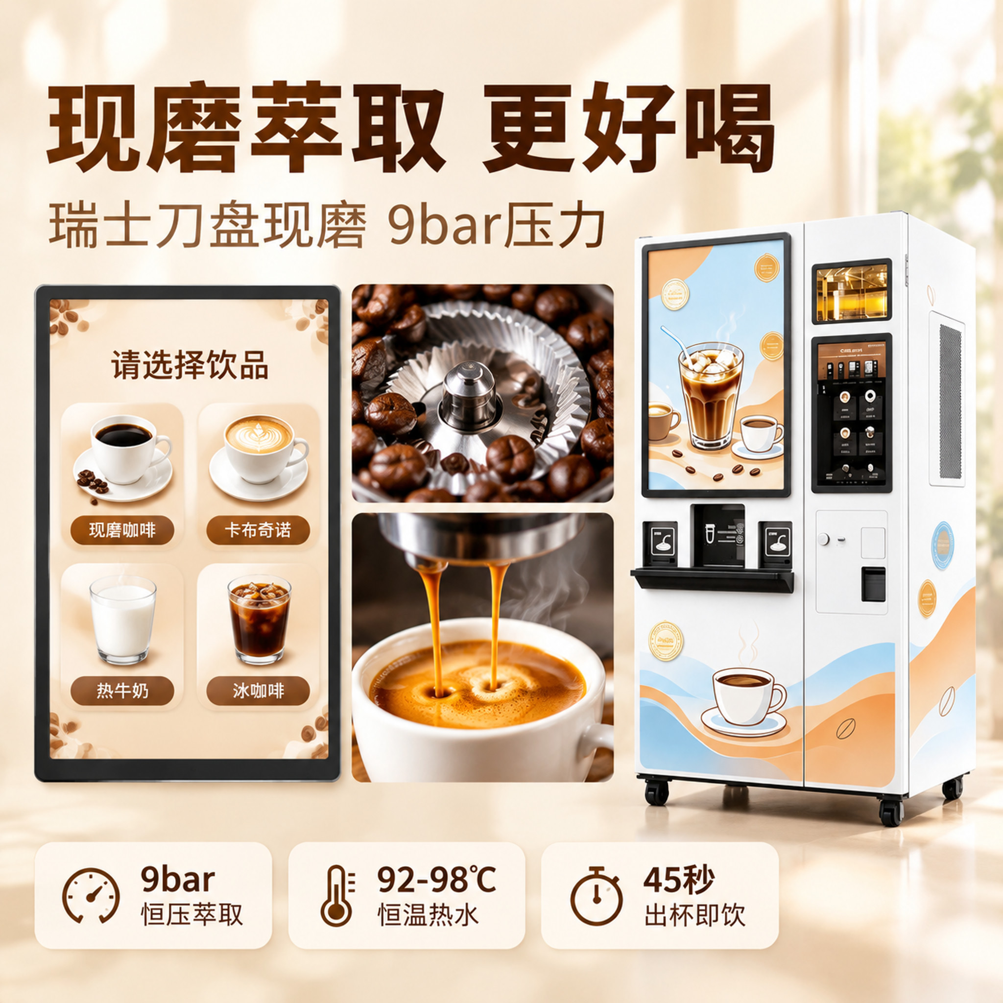 以【图1】中的咖啡自助售货机为唯一机器依据，严格保持机身结构、… - 图片创意预览