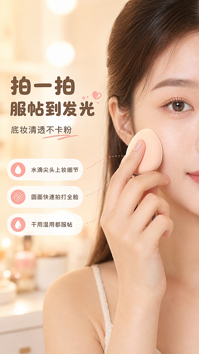 [商品] 使用【图2】裸粉色水滴粉扑，保留形状、厚度和材质质感；粉扑为上妆工具，真实功能方向为拍打上妆。
[画面] 目标：真人使用效果展示，表现服帖妆效。亚洲年轻女性半脸特写（脸颊+下巴区域），手持粉扑正在脸颊轻拍上妆，粉扑接触皮肤处表现自然按压形变；背景为柔焦梳妆台暖光氛围；左侧留白放文案；产品+人物占画面约70%。
[视觉] 套系策略：风格=奶甜治愈系少女风商业摄影；标题字=圆润可爱粗圆体；正文字=简洁无衬线体；主色=奶油浅蓝+奶茶棕；背景延展=基于暖米色做柔焦虚化、梳妆台光斑；强调色=奶杏粉，仅用于小面积图标、引线、标签装饰；标题色=深奶茶棕；正文色=暖灰棕；组件=圆角浅底信息卡、虚线引线；光影=暖调侧前柔光，妆面通透有光泽。
[文字] 左侧主标题"拍一拍 服帖到发光"，副标题"底妆清透不卡粉"；3条效果描述："水滴尖头上妆细节"、"圆面快速拍打全脸"、"干用湿用都服帖"；文字横向排版，不遮挡脸部和粉扑。
[规格] 图片比例9:16竖版，4K，避免变形、错字、文字过小、冷蓝调、欧美面孔、夸张妆效。
