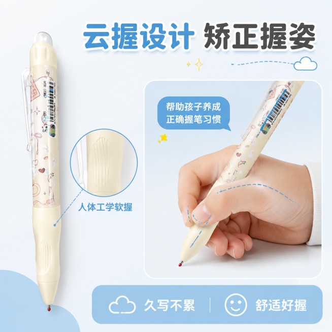 [主图-2] 侧按可擦笔核心卖点展示，突出云握矫正握姿设计
[氛围风格] 简洁专业产品展示风，突出设计优势
[画质] 商业摄影质感、光线柔和通透、产品清晰真实、画面干净高级
[元素] 保持单支侧按可擦预览效果