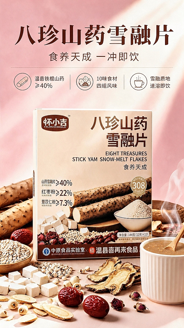 基于第一张图，将右下角白色杯子里八珍山药雪融片溶解后的液体颜色，替换为第二张图片中碗里那种深棕褐色、带有细小颗粒质感的浓稠糊状颜色。杯子里的液体要呈现真实的深棕褐色，表面有细腻的颗粒感和光泽，与第二张图碗中的颜色、质地、浓稠度完全一致。保持第一张图的其他所有元素不变：产品包装盒、周围散落的食材（山药、茯苓、薏苡仁、红枣、玫瑰、当归、黄芪等）、粉色渐变背景、顶部标题文字、三个圆形图标及文字、木勺、蒸汽效果等，全部原样保留。杯子的白色外观、形状、位置不变，仅改变杯中液体的颜色和质地，使其与第二张图碗中的棕褐色糊状物一致。光影、透视、整体构图和风格均与原图保持一致，确保修改自然融合，无违和感。
