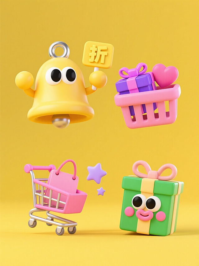 4个物品组合，每组素材独立显示，黄色背景，上下两行，排列整齐。第一个：主体为拟人化黄色铃铛造型（顶部有金属环，两侧有黄色球状手臂，有着大大的黑白圆眼）手持黄色圆形 “折” 字牌子；第二个：粉色购物篮，购物篮内放置紫礼物盒和粉色爱心；第三个：粉色购物车两侧各延伸短粗粉色拟人化小手臂，车旁漂浮浅紫星星和粉购物袋（袋口微开）；第四个：绿色礼盒，带有大大的黑白圆润眼睛，粉色圆形软萌腮红，粉色圆形嘴部