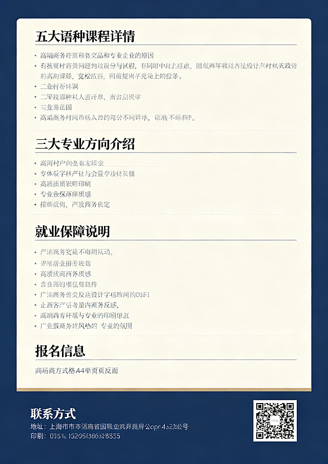 生成高端商务风格A4多语种培训单页反面，对应正面主题，内容包含五大语种课程详情、三大专业方向介绍、就业保障说明、报名信息，排版宽松不紧凑，延续正面高端商务风格，预留联系方式和二维码位置