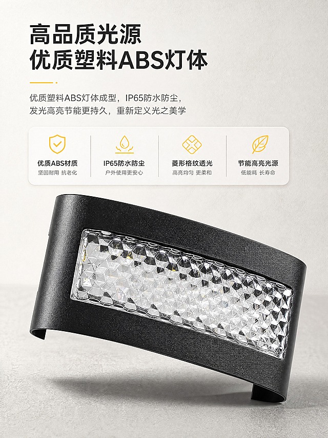 [商品] 使用【图2】黑色弧形户外壁灯；保留灯体弧形结构、黑色外壳、菱形格纹发光面和整体比例；商品处理：增强外壳材质质感与发光面细节，不改变产品结构与颜色。
[画面] 页面目标：展示高品质光源与优质塑料ABS灯体材质工艺。上文下图构图，上方文字区占30%，下方产品特写占70%；灯体斜侧角度展示，突出外壳材质纹理与发光面细节；浅灰白底背景，产品下方有柔和投影；阅读动线从上到下。
[视觉] 套系策略：风格=现代简约户外照明商业摄影风；标题字=现代无衬线粗体；正文字=简洁无衬线体；主色=深炭黑+暖米白；背景延展=基于深炭黑与暖米白做深浅层级、同色渐变和细腻墙面/石材质感；强调色=暖黄光，仅用于小面积图标、引线和光效；标题色=深炭黑；正文色=中暖灰；组件=圆角浅底信息卡、细线引线、水滴图标；光影=左前侧柔光，产品立体感强。
[文字] 顶部主标题「高品质光源」，副标题「优质塑料ABS灯体」；下方说明文字：优质塑料ABS灯体成型，IP65防水防尘，发光高亮节能更持久，重新定义光之美学；文字区顶部排列，不遮挡灯体主体。
[规格] 图片比例3:4竖版，4K分辨率，负向提示：避免变形、错字、文字过小、灯体颜色改变、结构失真、发光面模糊。