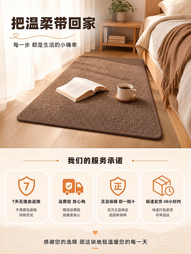 [商品] 使用【图1】咖啡色丙纶圈绒地毯；保留长方形形态、咖啡色、圈绒仿剑麻纹理、同色系包边；作为页面底部产品展示。
[画面] 详情页第7张服务收尾页，目标是用温馨画面+服务承诺促成用户下单，消除购买顾虑。画面上半部分是温馨的卧室角落场景，咖啡色地毯铺在床边，阳光从窗帘洒下，地毯上放着一本打开的书和一杯咖啡，营造惬意生活感。下半部分是服务承诺区，用四个圆角图标卡片横向排列，分别展示四项服务。最底部是一行温馨结束语。整体色调温暖柔和，给人安心可靠的感觉。
[视觉] 套系策略：风格=温馨简约居家商业摄影；标题字=现代粗黑体；正文字=简洁无衬线体；主色=咖啡色；背景延展=基于奶白+浅木+咖色做深浅层级、同色渐变和细腻织物/木纹质感；强调色=暖橙色，仅用于小面积图标、引线和标签；标题色=深咖色；正文色=中暖灰；组件=圆角浅底信息卡、细线引线、轻量胶囊标签；光影=暖调柔光，整体明亮温馨。
[文字] 上半部分场景中主标题大字粗黑体写"把温柔带回家"，副标题写"每一步 都是生活的小确幸"。下半部分四个服务卡片分别写："7天无理由退换""运费险 放心购""正品保障 假一赔十""极速发货 48小时内"。底部结束语写"感谢您的选择 愿这块地毯温暖您的每一天"。
[规格] 图片比例3:4竖版，4K，避免变形、错字、文字过小、服务承诺虚假夸大、冷色调。