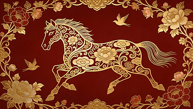 鎏金工笔风骏马，融合牡丹花饰与浮雕质感，古典中式奢华，唯美优雅，描边细腻，尽显东方韵味。