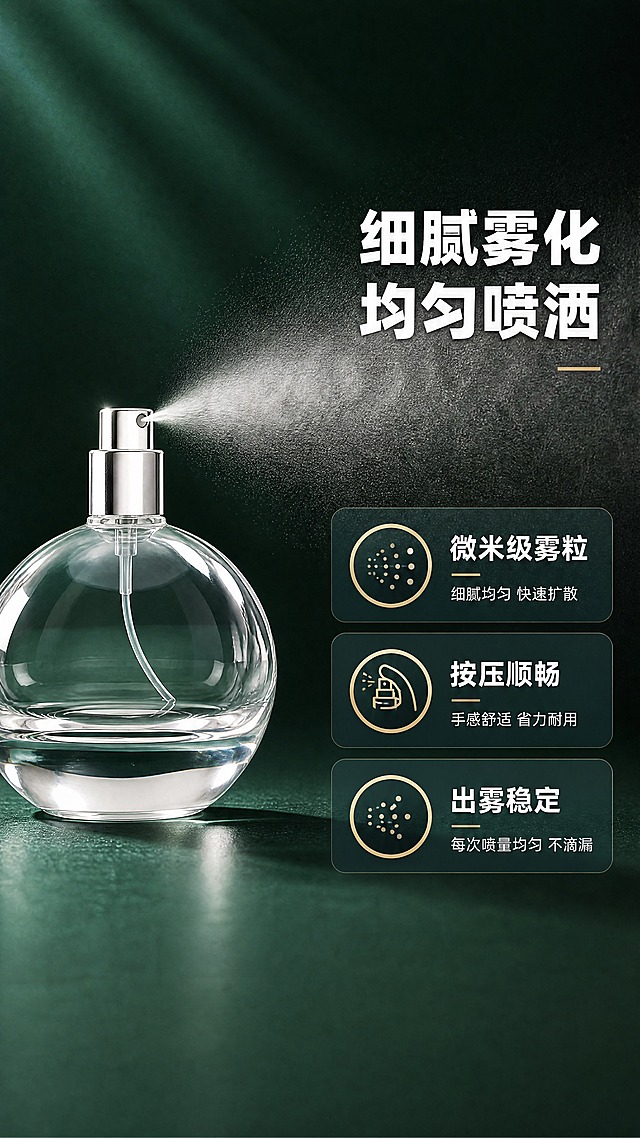 [商品] 使用【图6】带喷头的球形香水瓶；保留球形瓶身、透明玻璃、银色金属喷头、卡口结构；喷雾效果从喷头正前方喷出，方向正确自然。
[画面] 第6张细腻喷雾效果页，目标展示喷雾雾化细腻、出雾均匀的效果；左物右文构图，左侧香水瓶正在喷雾，细腻的雾状水柱从喷头喷出，在空中形成柔和雾感，产品+喷雾占画面55%；墨绿色渐变背景，喷雾在光线下清晰可见，有通透层次感。
[视觉] 套系策略：风格=1688工厂批发风·高级商业摄影；标题字=粗黑体；正文字=简洁黑体；主色=墨绿+透明玻璃+金属金/银/黑；背景延展=基于墨绿色做深浅渐变、同色系明暗层次和细腻哑光质感；强调色=香槟金，仅用于小面积图标、引线和标签；标题色=白色；正文色=浅灰白；组件=圆角信息卡、细线引线、金属质感标签；光影=侧逆光打亮喷雾，形成丁达尔光效，雾粒清晰可见。
[文字] 右侧主标题"细腻雾化 均匀喷洒"，三个功能卖点：①微米级雾粒（细腻均匀 快速扩散）②按压顺畅（手感舒适 省力耐用）③出雾稳定（每次喷量均匀 不滴漏）。配图标+短文字，文字均为横排。
[规格] 图片比例9:16竖版，4K，避免变形、螺口瓶口、文字竖排、喷雾方向错误、水滴状喷雾、极限词。
