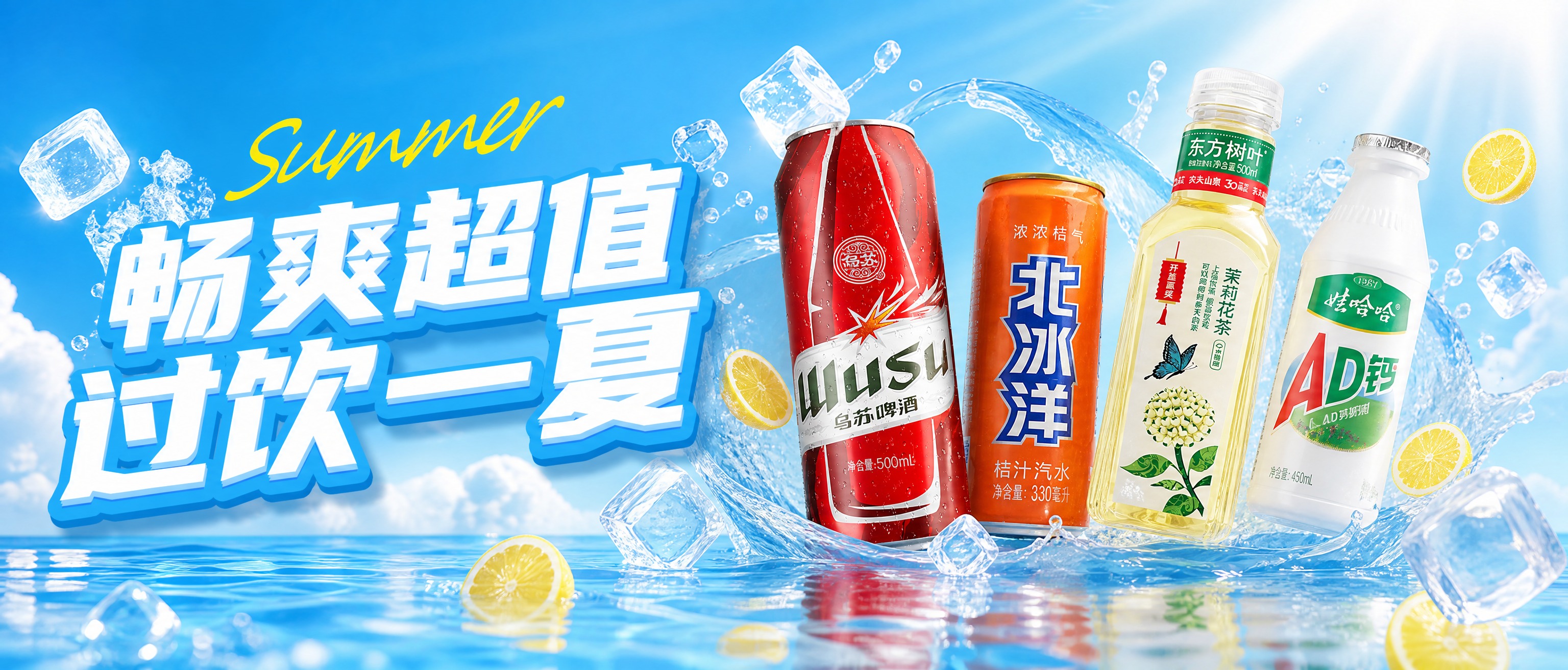 参考第一张图的夏日清凉饮料海报风格，蓝色渐变天空背景，水花飞溅… - 图片创意预览