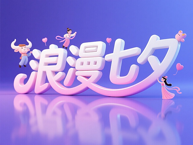 浪漫七夕，3D风格大字设计，人物环绕，梦幻紫色背景，节日氛围浓厚。