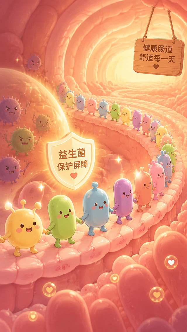 卡通动画风格，肠道内益生菌群形成保护屏障的画面，拟人化的益生菌们手拉手组成防护层，守护肠道内壁的健康状态，整体画面采用温暖柔和的暖色调，营造出肠道被充分呵护的治愈动画场景