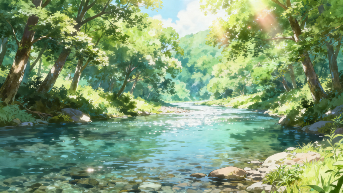 岁月静好的溪流风景图，宫崎骏漫画风格，画面清澈干净，色彩清新柔和，溪流两岸树木郁郁葱葱，阳光透过树叶洒下光斑，整体氛围宁静治愈，横向构图预览效果