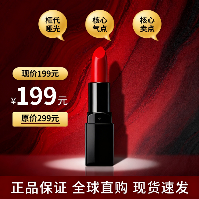 电商口红主图，暗红色渐变肌理背景，中间是黑色管身红色哑光口红，顶部三个核心卖点分别在金黄色圆形气泡内，文字为黑色。标题左侧添加价格区域：上方是圆润金黄色矩形框标注的现价199元，字体醒目；下方是同款金预览效果