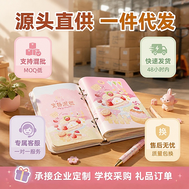 1688阿里巴巴电商主图第四张，工厂服务与合作保障图，促进B端客户转化。画面层次感强，采用中心主体+四周信息卡版式。中心主体：一本打开的精美卡通活页笔记本放在木质桌面上，旁边有一支笔和小装饰，产品外观与输入图完全一致，温暖自然光从侧方照入，营造品质感。背景虚化处理，远处隐约可见工厂仓库出货场景（打包好的纸箱、物流托盘），暗示工厂供货能力。四个角或四周分布四个服务承诺卡片，有前后层次。文字版式：上方主标题"源头直供 一件代发"，粗体大号字。四周四个服务卡片：左上"支持混批  MOQ低"，右上"快速发货  48小时内"，左下"专属客服  一对一服务"，右下"售后无忧  质量包换"。底部通栏标注"承接企业定制 学校采购 礼品订单"。整体风格温暖可信，B端批发感强，马卡龙配色。保持笔记本外观与输入产品图一致，杜绝变形色差。商业摄影质感，光线柔和有层次。1:1正方形比例，文字清晰锐利，超高清。